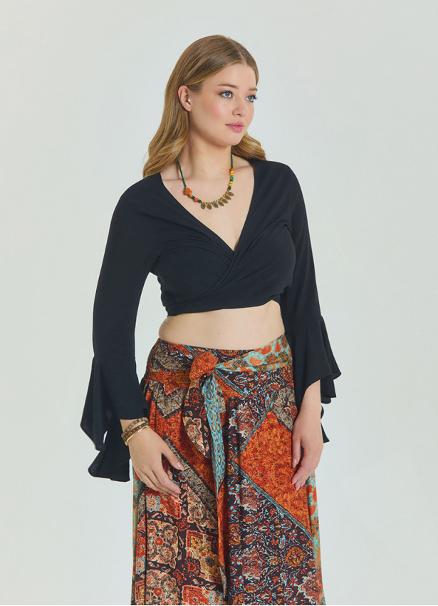 Tied Spanish Sleeve Black Plus Size Blouse 4623